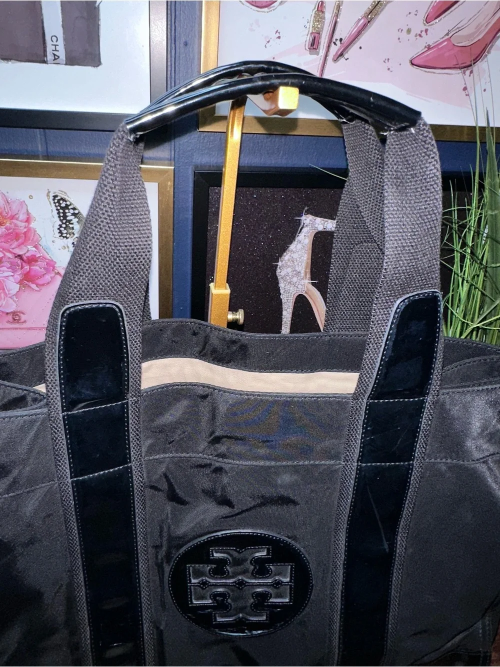 Tory Burch Ella Black Nylon Patent Trim Tote